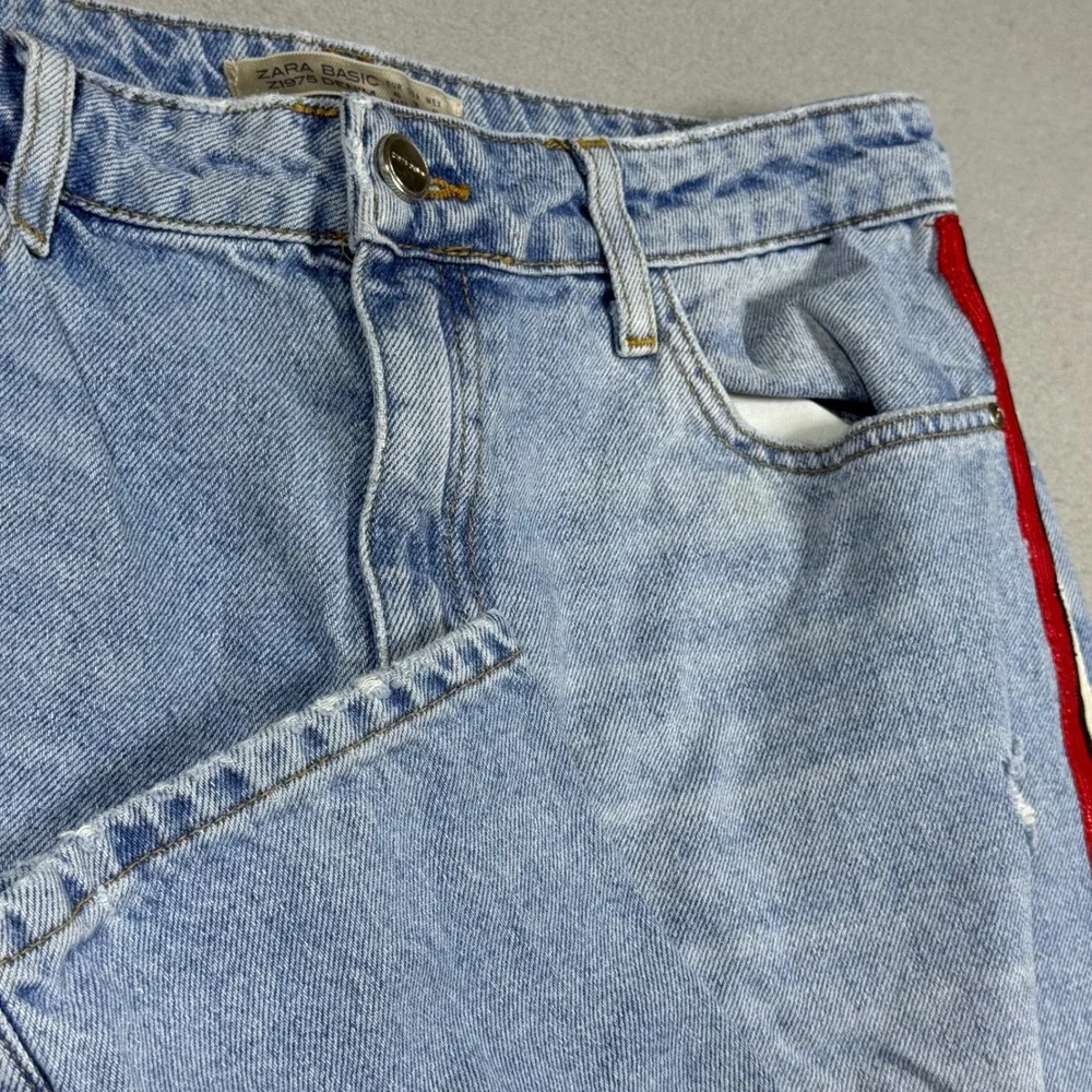 Zara Basic Z1975 Denim Light Wash Distressed Glitter Side Stripe Jeans Womens 8